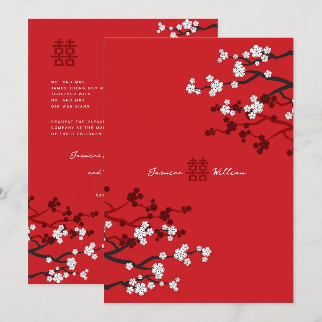Cherry Blossoms & Double Happiness Chinese Wedding Invitation (Front/Back)