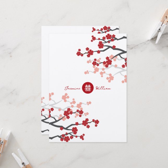 Cherry Blossoms & Double Happiness Chinese Wedding Invitation (Front/Back In Situ)