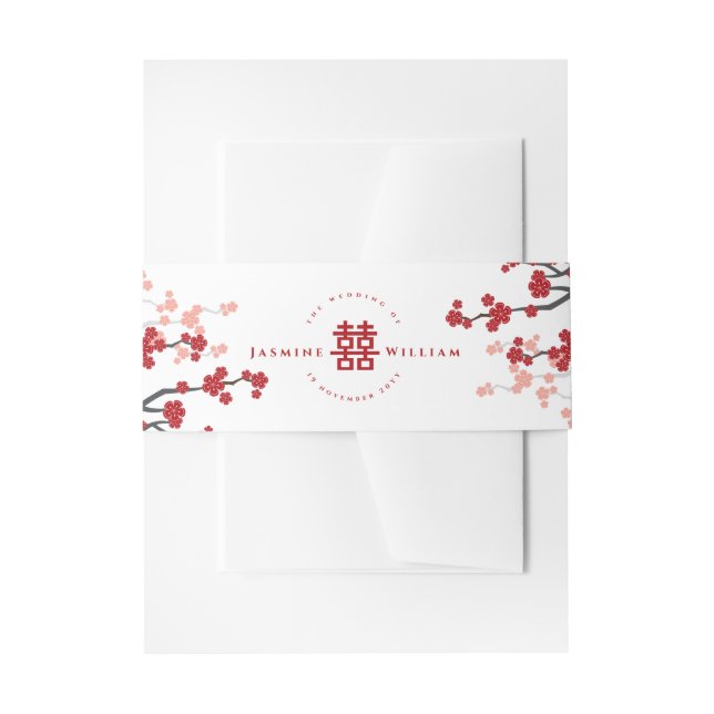 Cherry Blossoms & Double Happiness Chinese Wedding Invitation Belly Band (Front Example)