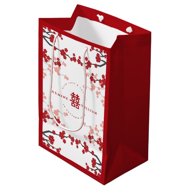 Cherry Blossoms & Double Happiness Chinese Wedding Medium Gift Bag (Front Angled)