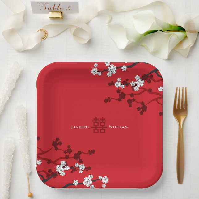 Cherry Blossoms & Double Happiness Chinese Wedding Paper Plate (Wedding)