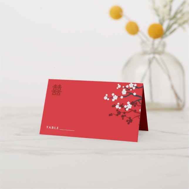 Cherry Blossoms & Double Happiness Chinese Wedding Place Card (Front)