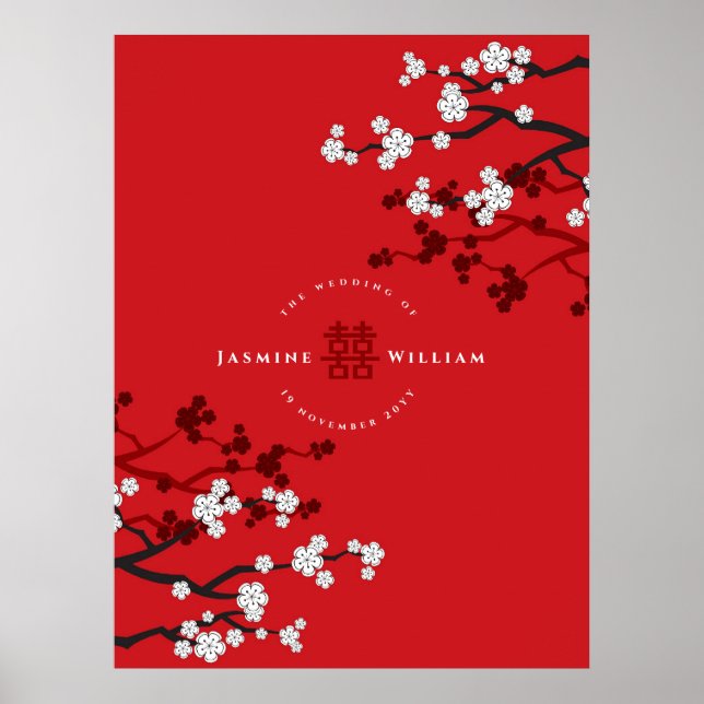 Cherry Blossoms & Double Happiness Chinese Wedding Poster (Front)
