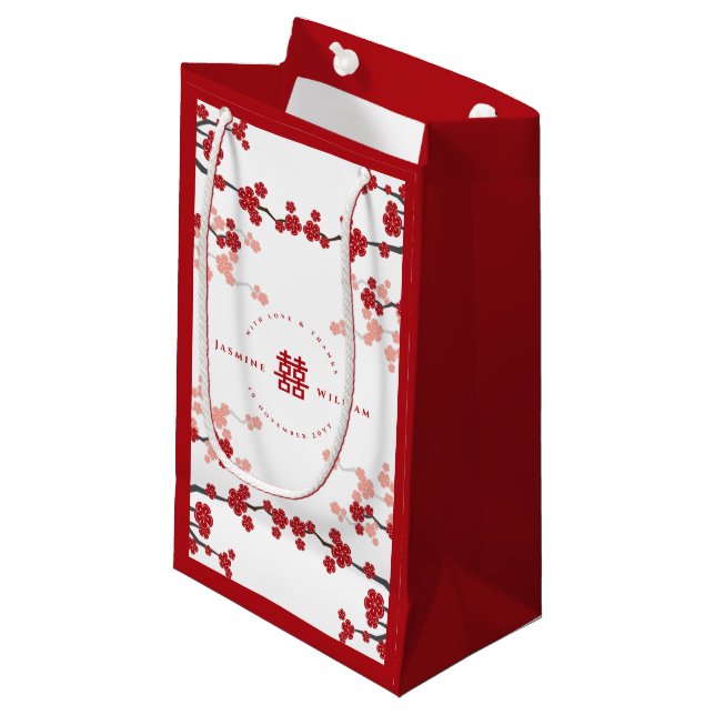 Cherry Blossoms & Double Happiness Chinese Wedding Small Gift Bag (Front Angled)