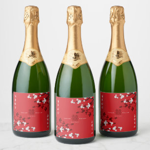 Cherry Blossoms & Double Happiness Chinese Wedding Sparkling Wine Label