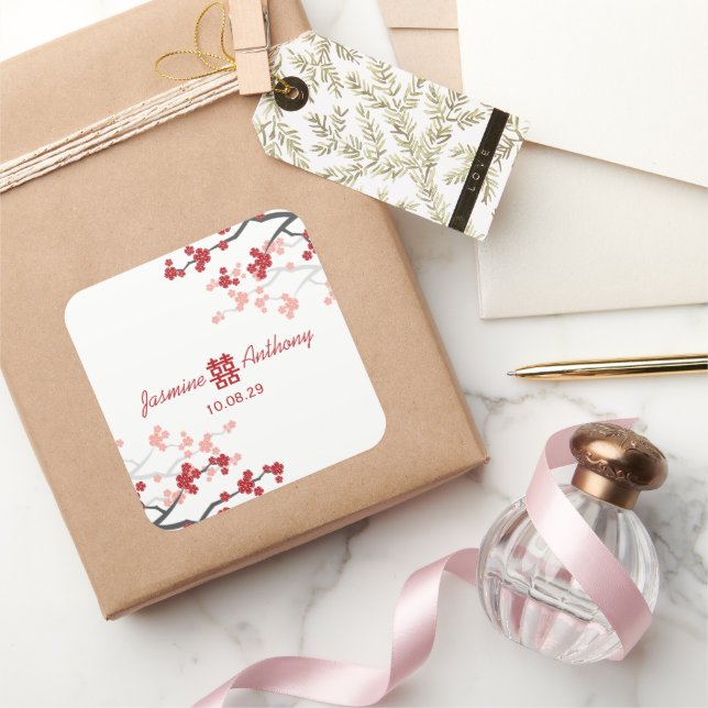 Cherry Blossoms Double Happiness Chinese Wedding Square Sticker (Gifting)