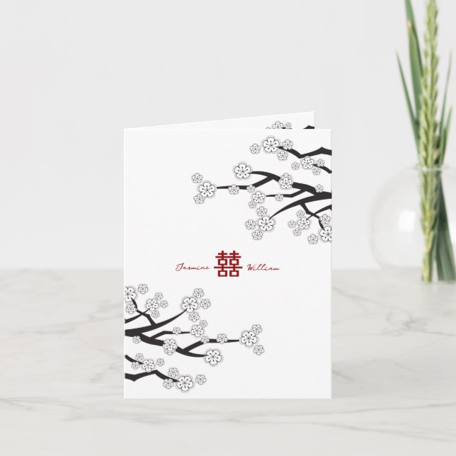 Cherry Blossoms & Double Happiness Chinese Wedding Thank You Card (Front)