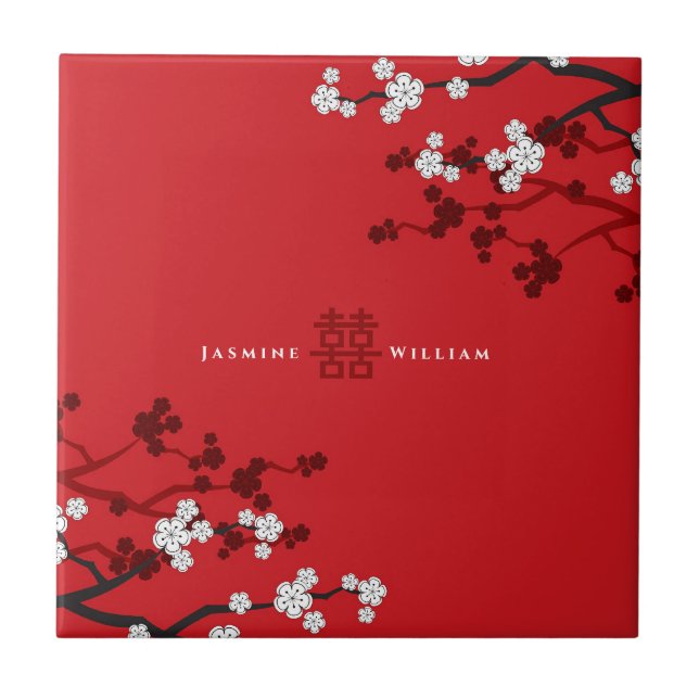 Cherry Blossoms Double Happiness Chinese Wedding Tile (Front)