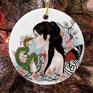 Cherry Blossoms Dragon Serenity Asian Fairy Ceramic Tree Decoration