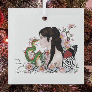 Cherry Blossoms Dragon Serenity Asian Fairy Glass Tree Decoration