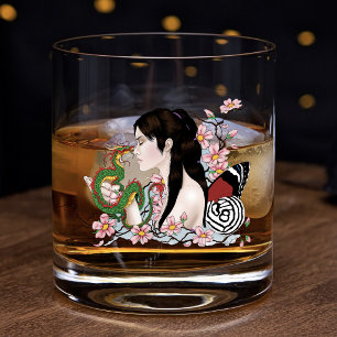 Cherry Blossoms Dragon Serenity Asian Fairy Whiskey Glass