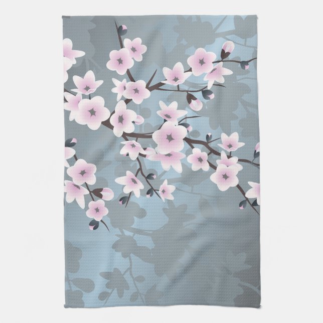 Cherry Blossoms Dusky Pink Blue Floral Tea Towel (Vertical)