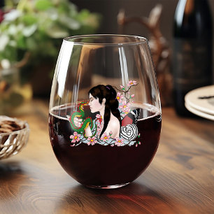Cherry Blossoms Fairy Dragon Friendship  Stemless Wine Glass