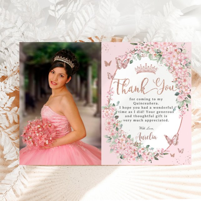 Cherry Blossoms Floral Butterflies Quinceanera Thank You Card (Creator Uploaded)