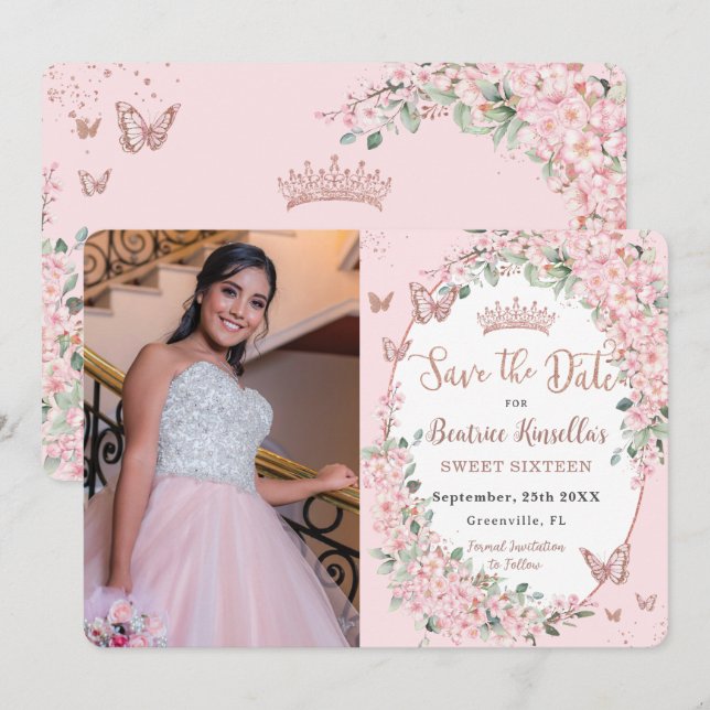 Cherry Blossoms Floral Butterflies Sweet 16 Photo Save The Date (Front/Back)