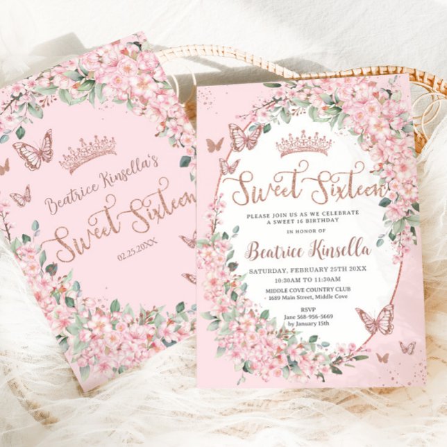 Cherry Blossoms Floral Butterflies Sweet Sixteen  Invitation (Creator Uploaded)