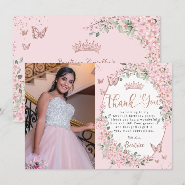 Cherry Blossoms Floral Butterflies Sweet Sixteen Thank You Card (Front/Back)