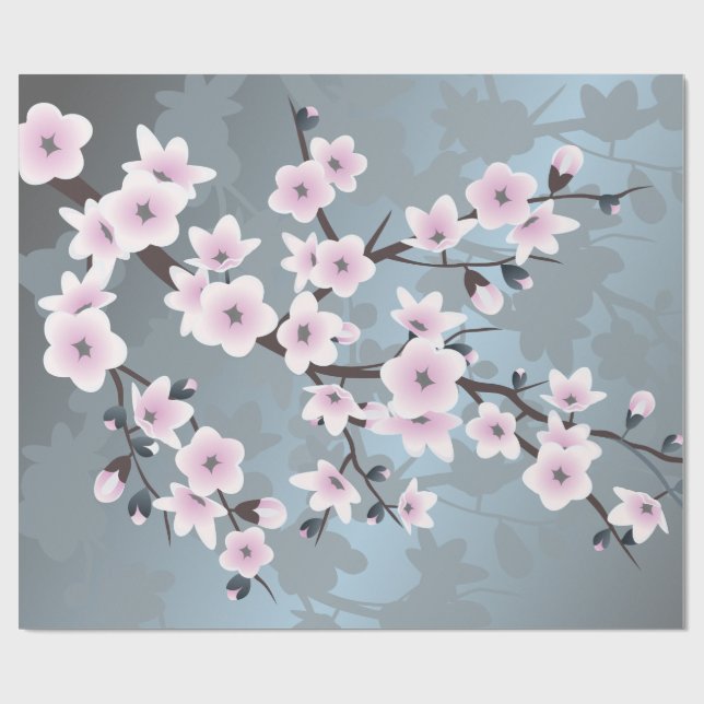 Cherry Blossoms Floral Dusky Pink Dusty Blue  Wrapping Paper (Flat)