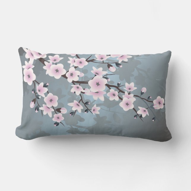 Cherry Blossoms Floral Dusty Pink Blue Lumbar Cushion (Front)
