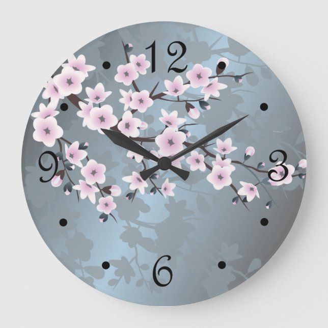 Cherry Blossoms Floral Dusty Pink Blue Numbers Large Clock (Front)