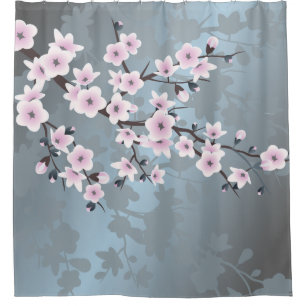 Cherry Blossoms Floral Dusty Pink Blue Shower Curtain