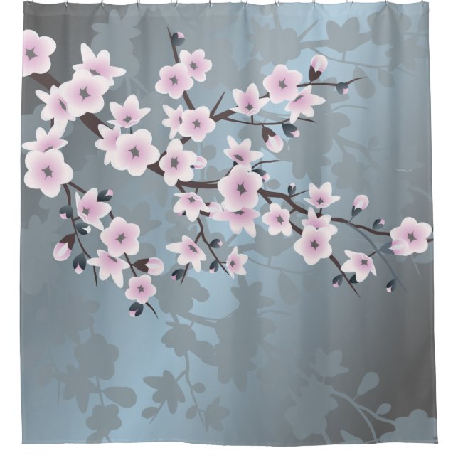 Cherry Blossoms Floral Dusty Pink Blue Shower Curtain (Front)