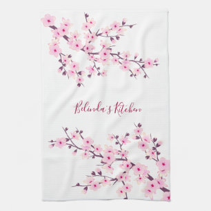 Cherry Blossoms  Floral Pink White Personalise Tea Towel