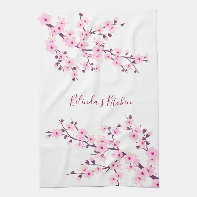 Cherry Blossoms  Floral Pink White Personalise Tea Towel (Vertical)