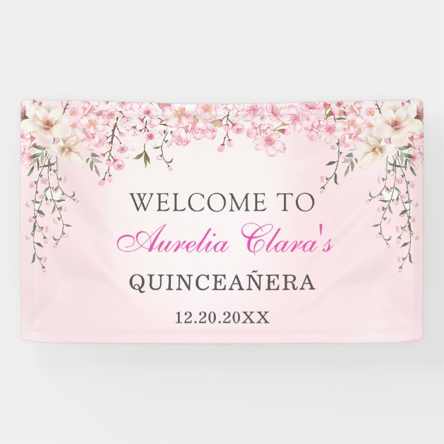 Cherry Blossoms Floral Sweet Sixteen Birthday Banner (Horizontal)