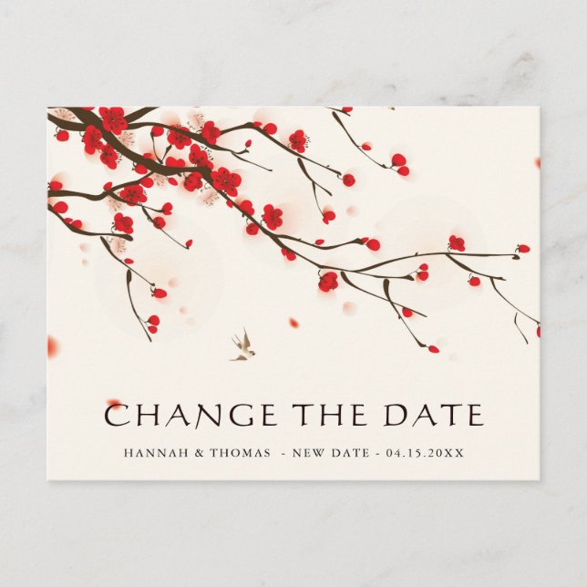 Cherry Blossoms Floral Wedding Change the Date Postcard (Front)