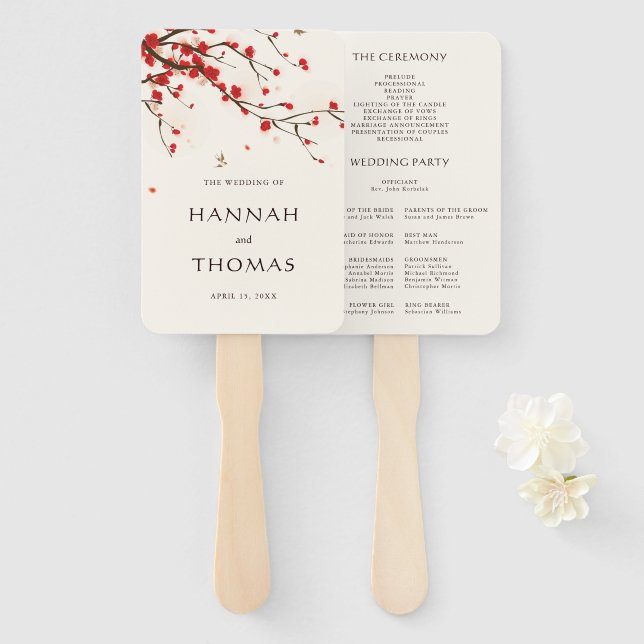 Cherry Blossoms Floral Wedding Program Hand Fan (Front and Back)