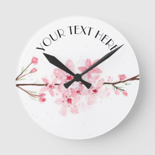 Cherry blossoms flowers pink floral watercolor  round clock