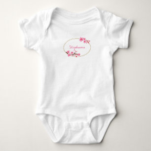 Cherry Blossoms - Gold Oval Frame - Personalised Baby Bodysuit