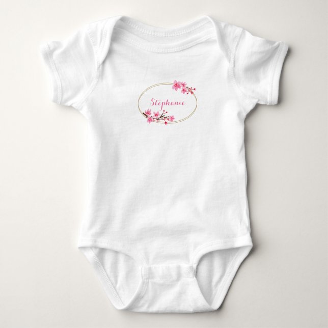 Cherry Blossoms - Gold Oval Frame - Personalised Baby Bodysuit (Front)