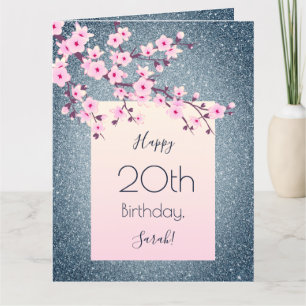 Cherry Blossoms Happy Birthday Dark Blue Glitter Card