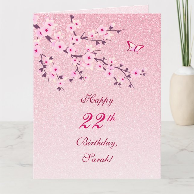 Cherry Blossoms Happy Birthday Pink Glitter  Card (Front)