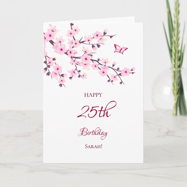 Cherry Blossoms Happy Birthday Pink White Card (Front)