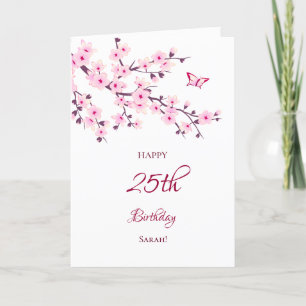 Cherry Blossoms Happy Birthday Pink White Card