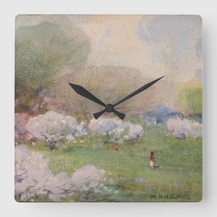 Cherry Blossoms Holmes Watercolor Lanscape Spring Square Wall Clock