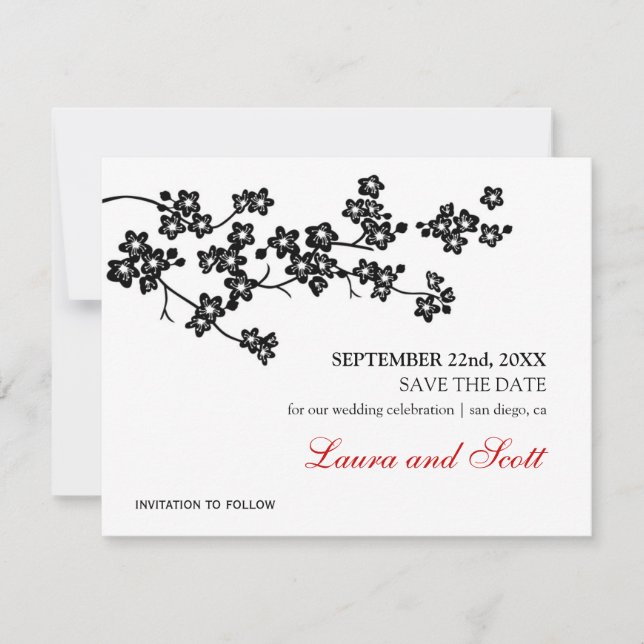 Cherry Blossoms in Black Save The Date Invitation (Front)