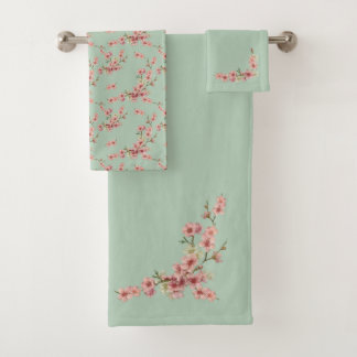 Cherry Blossoms in Pink and Teal Bath Towel Set