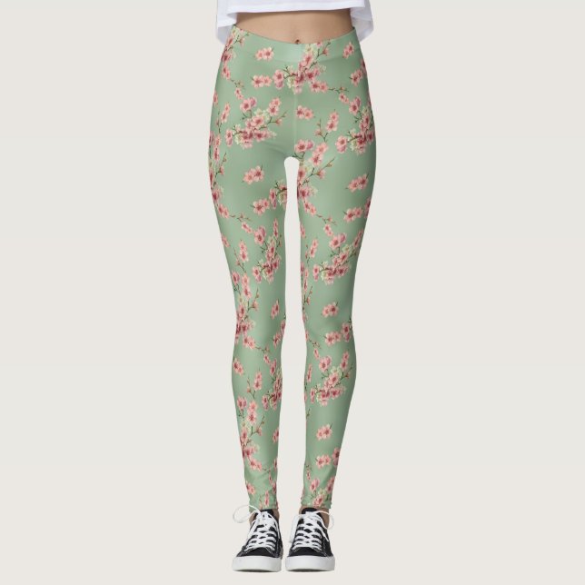 Cherry Blossoms in Pink and Teal Leggings (Front)