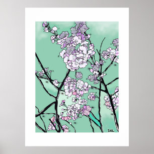 Cherry Blossoms in the Wind – Minimal Floral Art  Poster