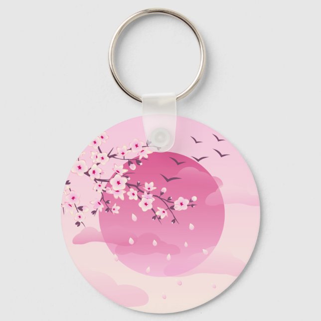 Cherry Blossoms Japanese Landscape Key Ring (Front)