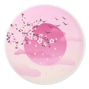 Cherry Blossoms Japanese Landscape  Pink Girly Ceramic Knob
