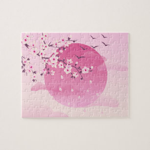 Cherry Blossoms Japanese Landscape Pink Jigsaw Puzzle