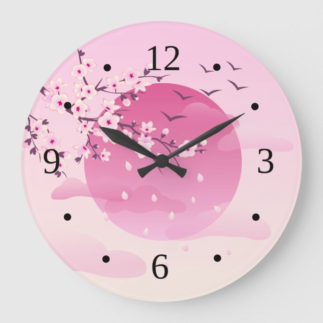 Cherry Blossoms Japanese Landscape Pink Large Clock (Front)