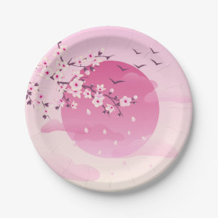 Cherry Blossoms Japanese Landscape Pink Paper Plate