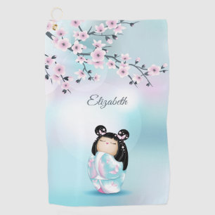 Cherry Blossoms Kokeshi Doll Add Name  Golf Towel