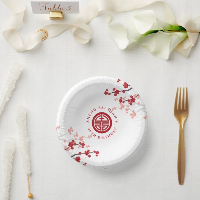Cherry Blossoms Longevity Symbol Chinese Birthday Paper Plate (Wedding)